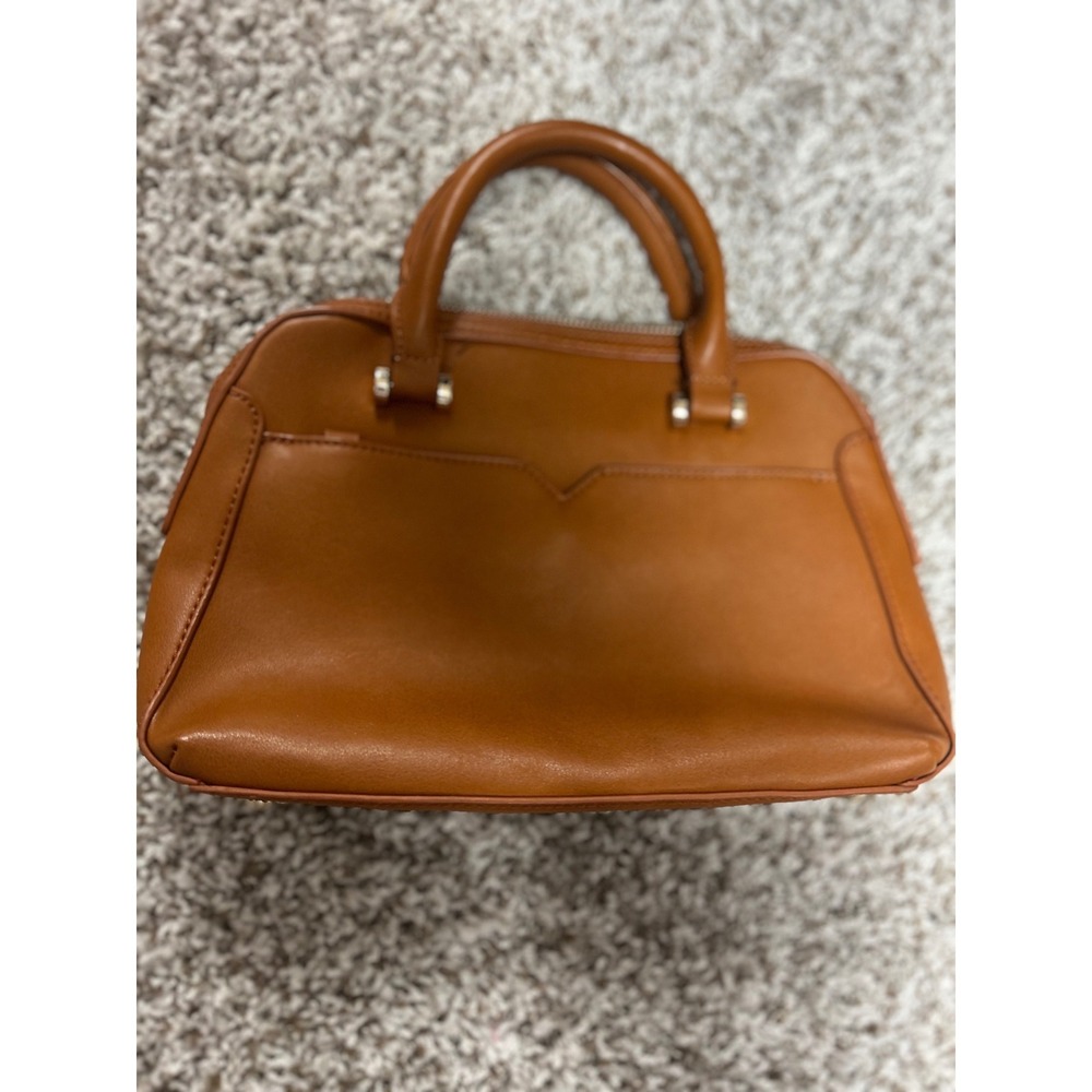 Cognac Brown Faux Leather Satchel Handbag Cheetah Print Lining Gold Hardware